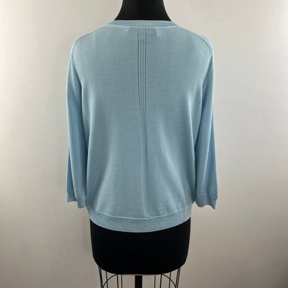 ST. JOHN Blue Cardigan Sweater Wool Button Front Ribbed Crew Neck Knit Sz Medium - Picture 6 of 9